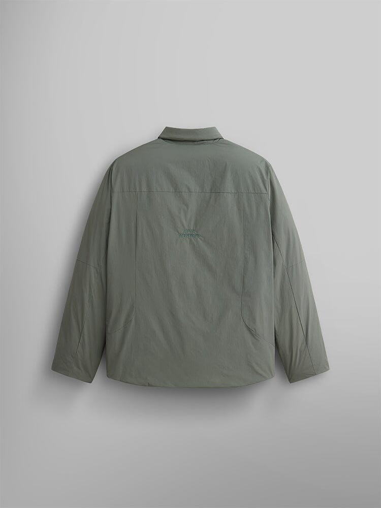 Insulated Shirt Jacket by Alpha Industries, shown from the back and featuring a gray-green color, long sleeves, a simple streetwear design, and a small central logo.
