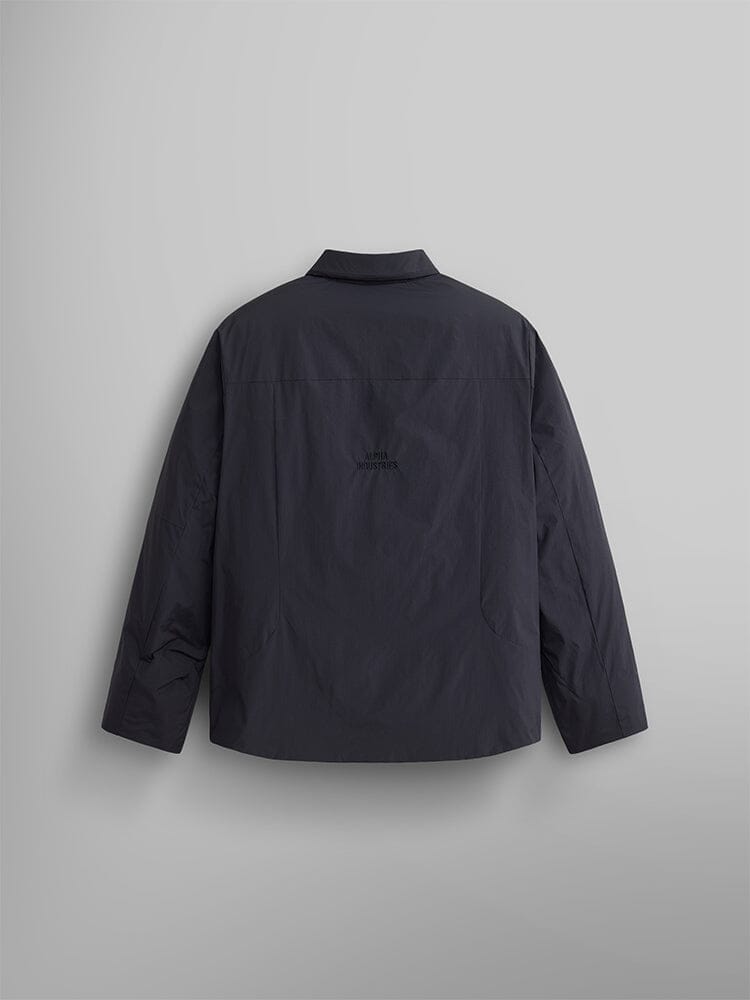 Back view of the dark-colored, water-resistant Insulated Shirt Jacket by Alpha Industries, featuring a subtle logo.