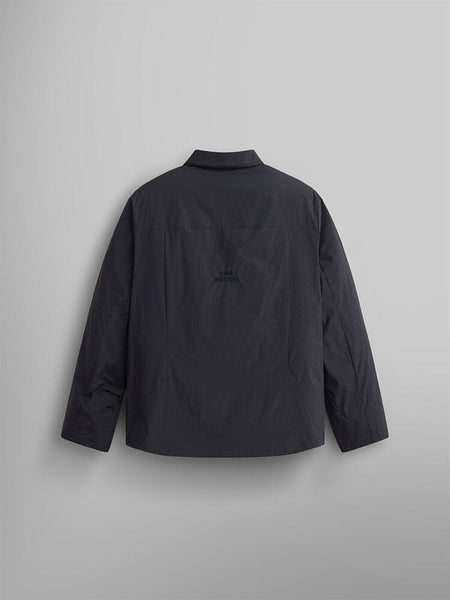 Back view of the dark-colored, water-resistant Insulated Shirt Jacket by Alpha Industries, featuring a subtle logo.