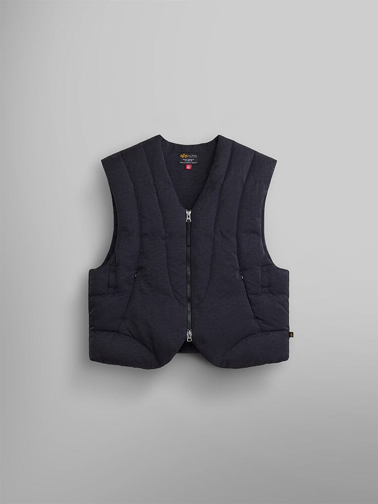 The Insulated Vest by Alpha Industries is a sleeveless, black padded vest made from water-resistant nylon and filled with responsible down, featuring a front zipper.