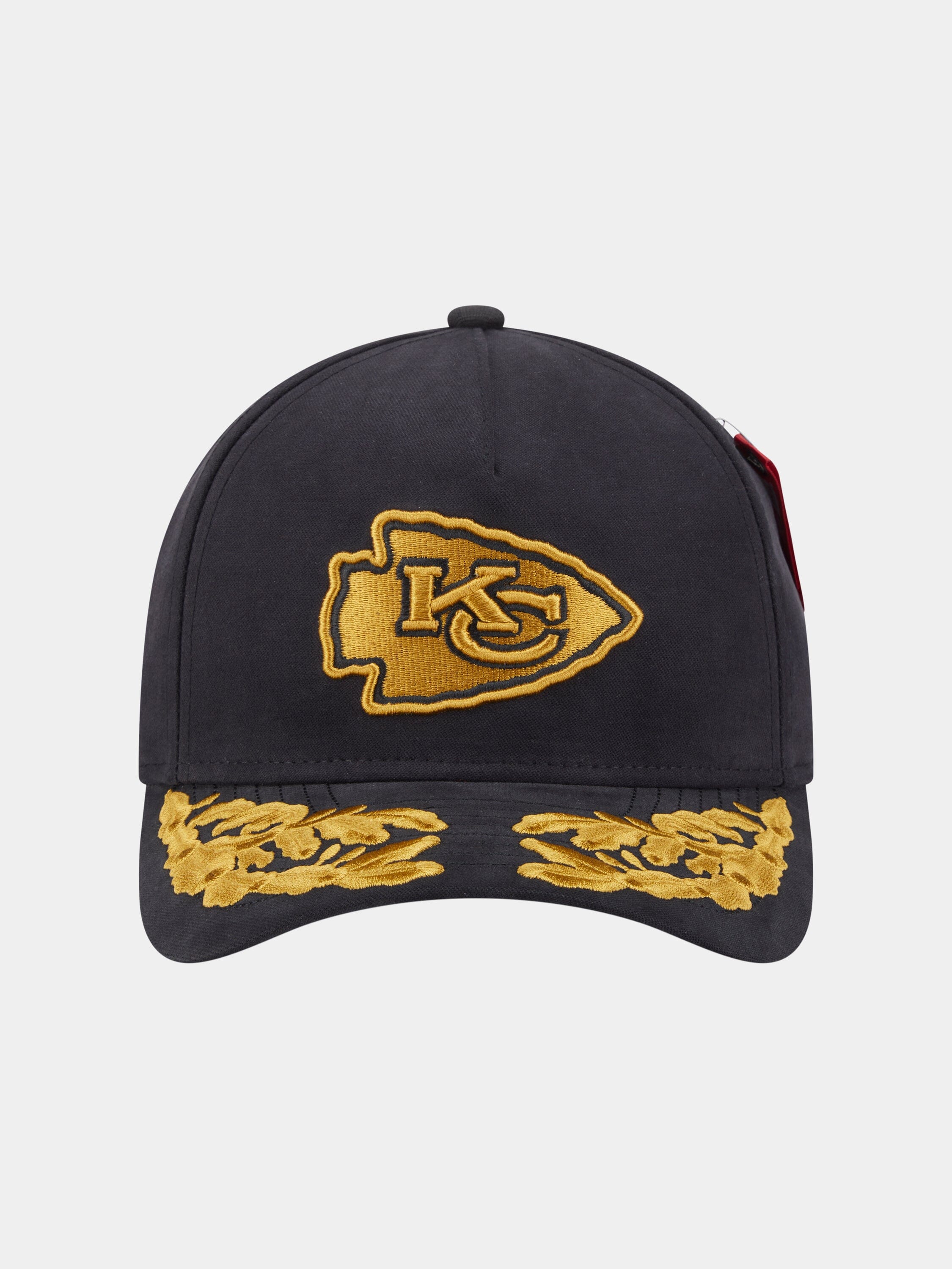 Kansas City Chiefs 940 Mc Cap by Alpha Industries, black, adjustable, yellow Chiefs logo, yellow leaves on brim.