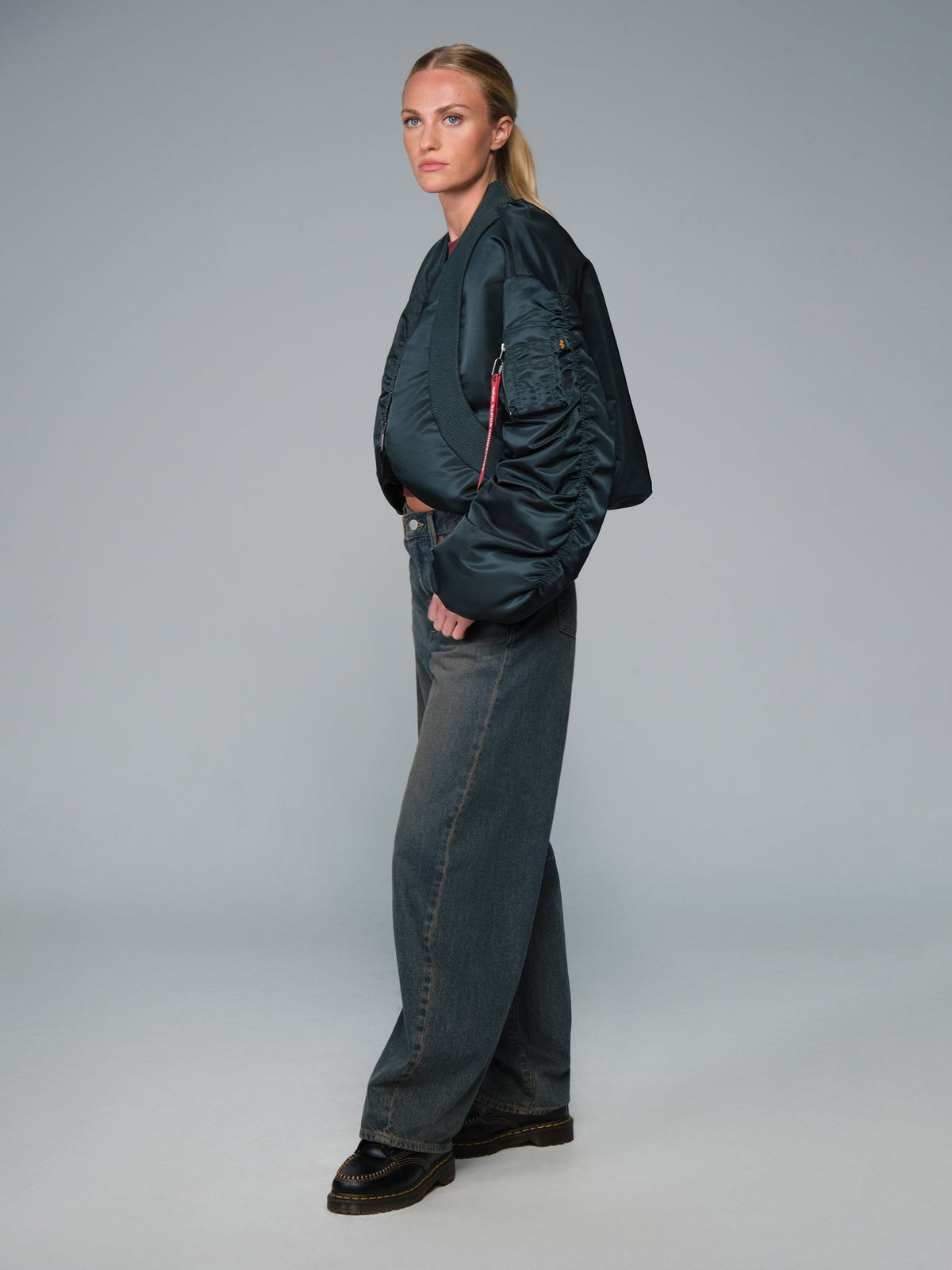 Knit Rib MA-1 Flight Jacket Womens in Midnight Teal, full length