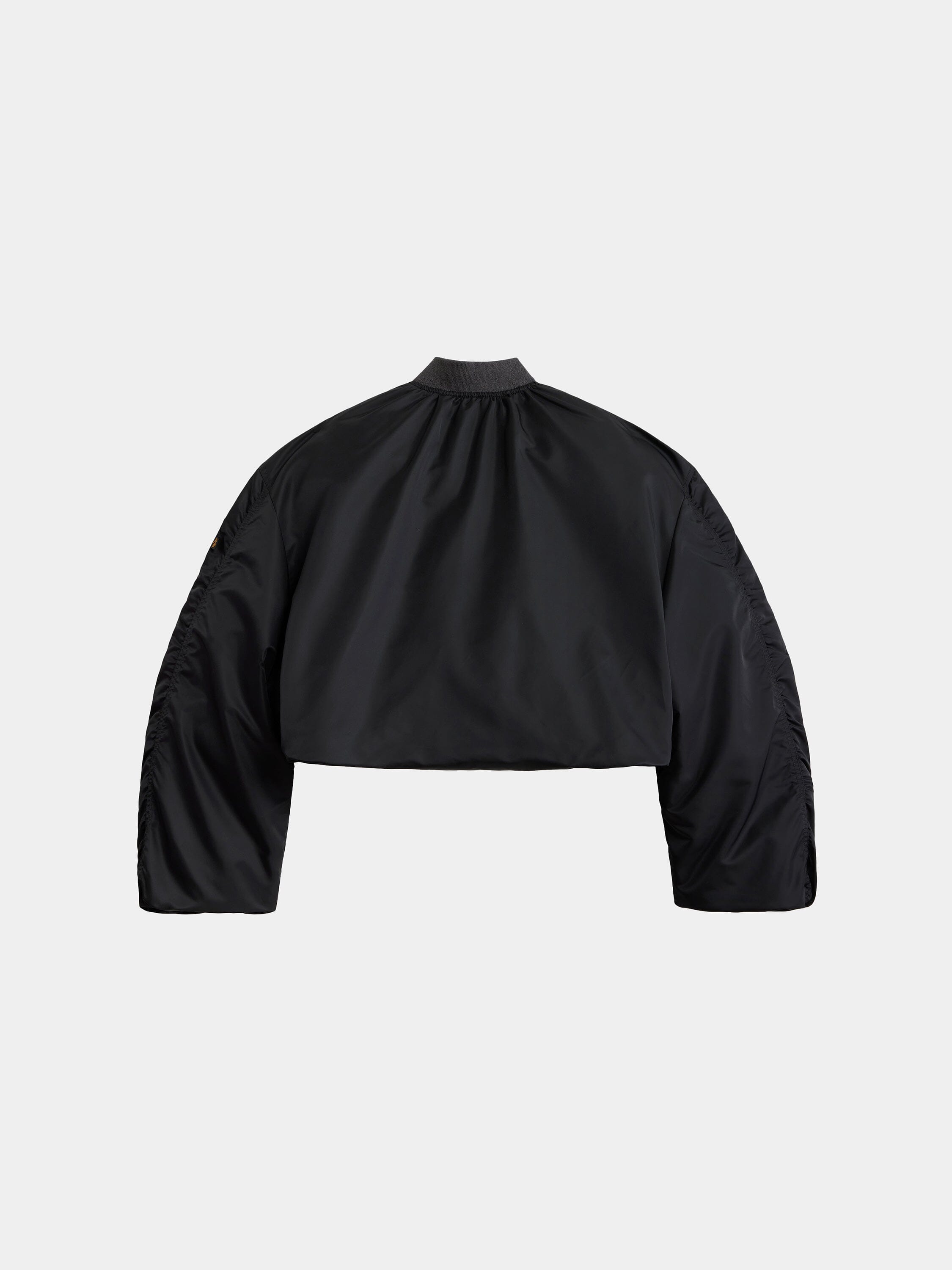 Alpha Industries Knit Rib MA-1 Flight Jacket Womens in black with ruched sleeves and lightweight design.