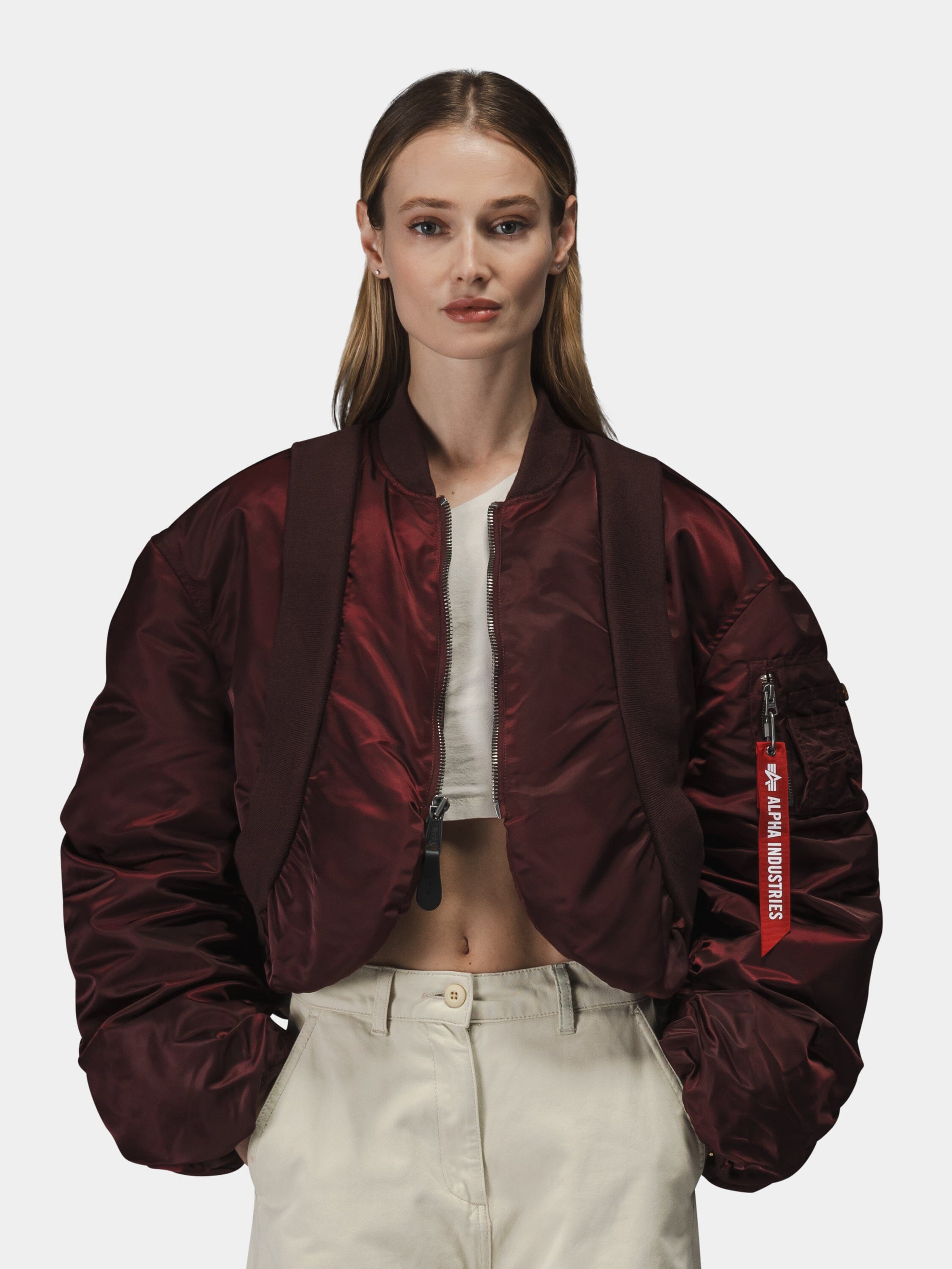 Alpha Industries Knit Rib MA-1 Flight Jacket Womens in burgundy with ribbed cuffs and collar, zip front closure.