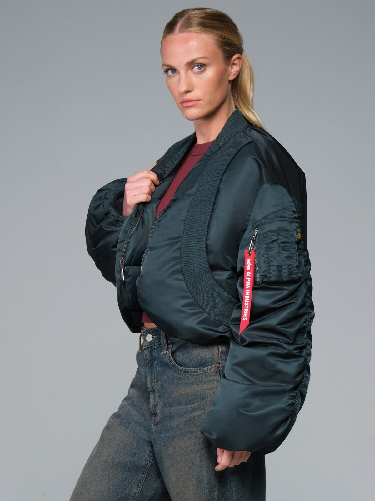 Knit Rib MA-1 Flight Jacket Womens in Midnight Teal, side view