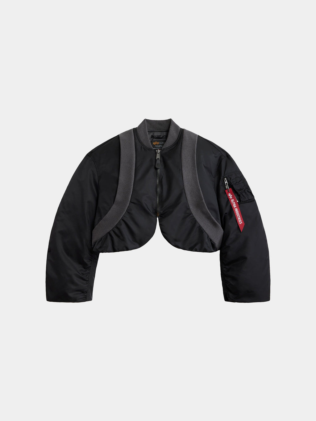 Alpha Industries Knit Rib MA-1 Flight Jacket Womens in black with grey trim, front zipper, and red sleeve tag.