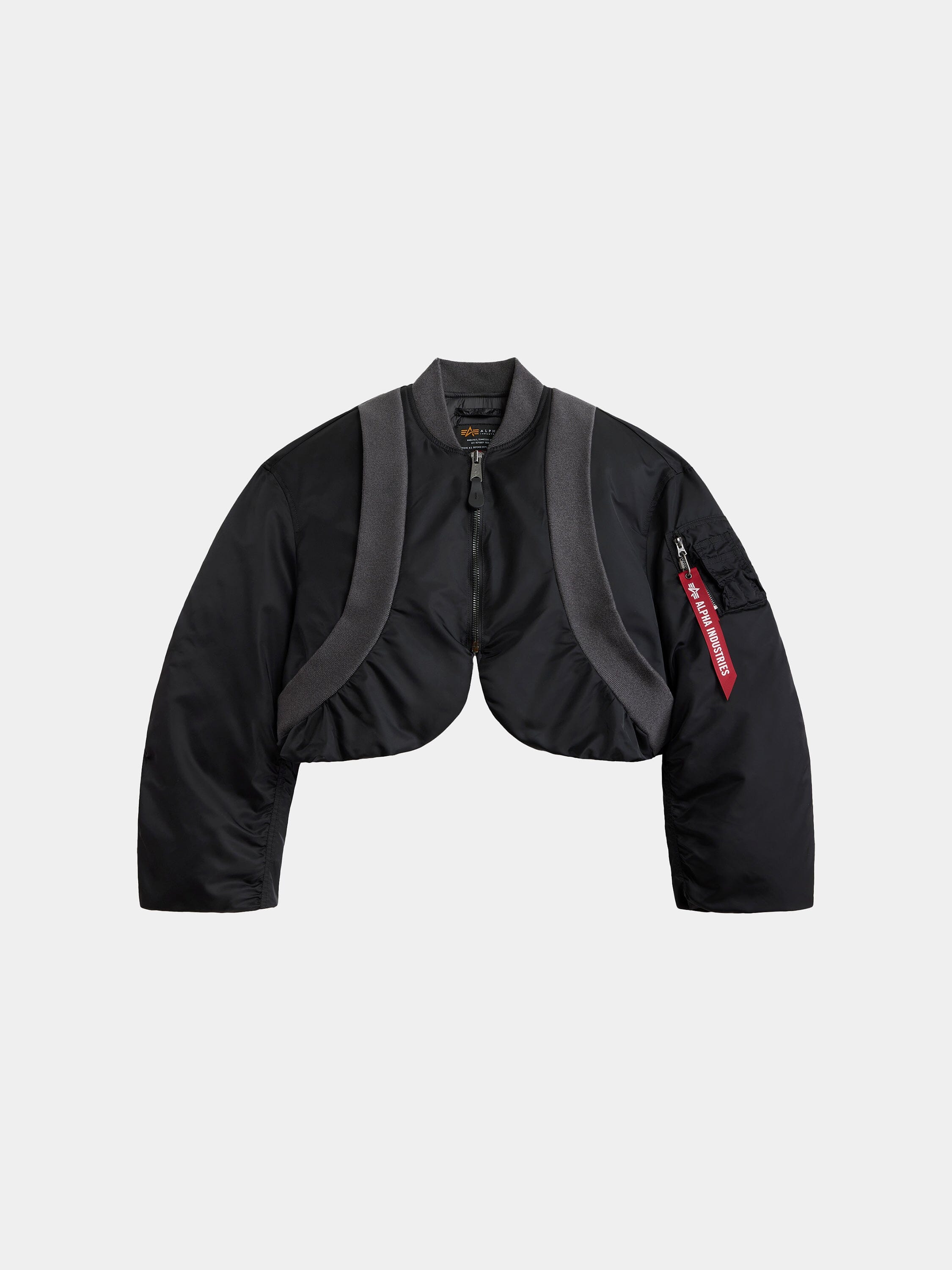 Alpha Industries Knit Rib MA-1 Flight Jacket Womens in black with grey trim, front zipper, and red sleeve tag.