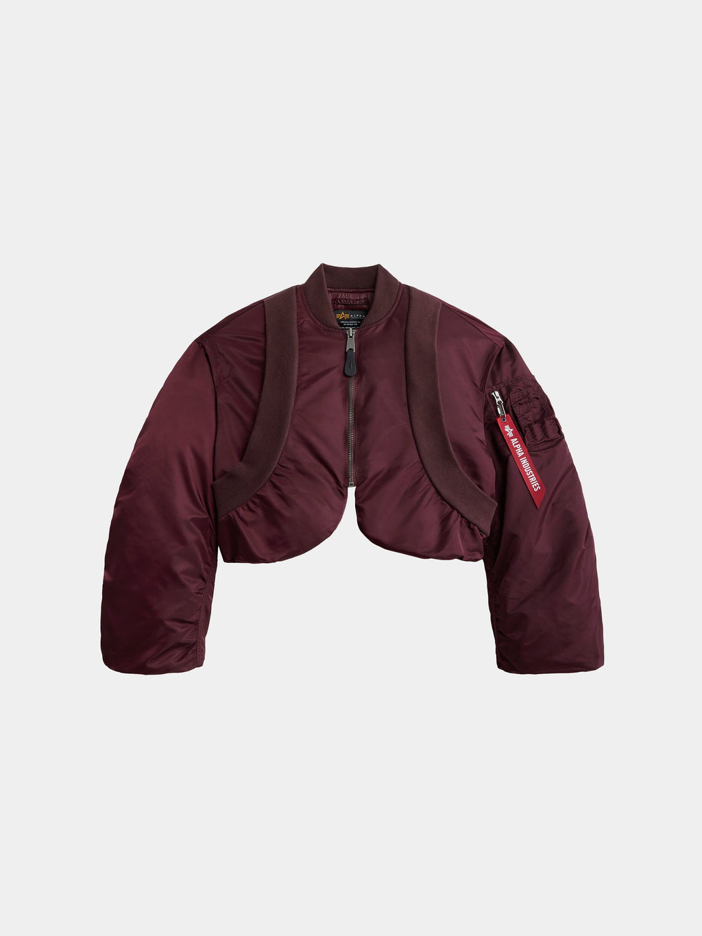 Alpha Industries Knit Rib MA-1 Flight Jacket Womens in Cedar Red with cropped fit, long sleeves, front zipper, brown harness detail.