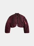 Alpha Industries Knit Rib MA-1 Flight Jacket Womens in Cedar Red with cropped fit, long sleeves, front zipper, brown harness detail.