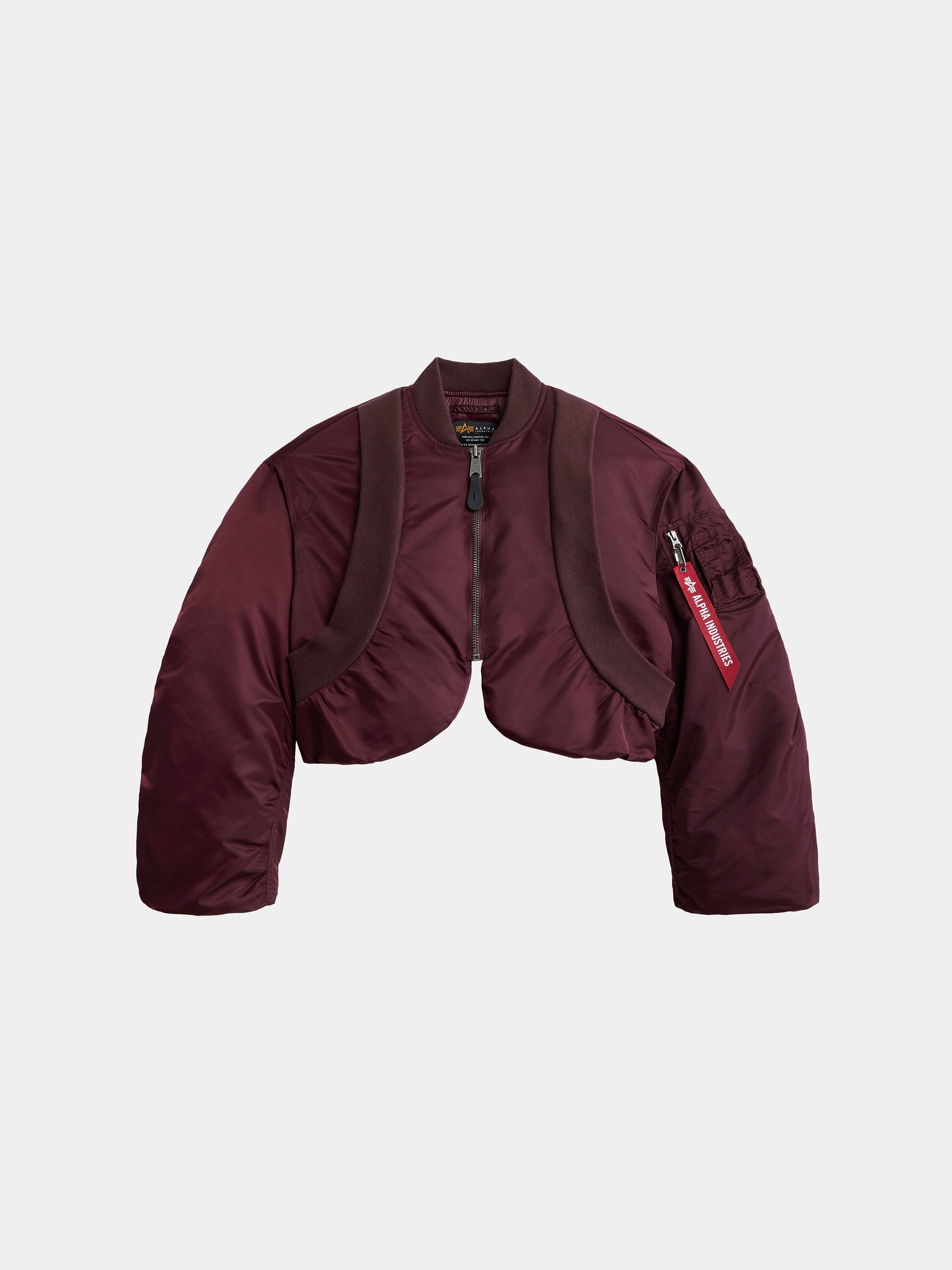 Alpha Industries Knit Rib MA-1 Flight Jacket Womens in Cedar Red with cropped fit, long sleeves, front zipper, brown harness detail.