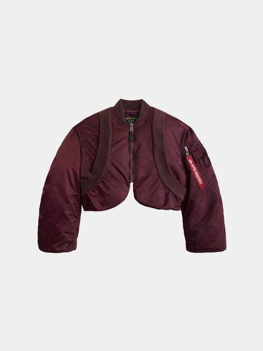 Alpha Industries Knit Rib MA-1 Flight Jacket Womens in Cedar Red with cropped fit, long sleeves, front zipper, brown harness detail.