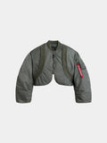 Alpha Industries Knit Rib MA-1 Flight Jacket in Field Gray with cropped fit, ribbed collar, zip front, sleeve pocket, nylon.