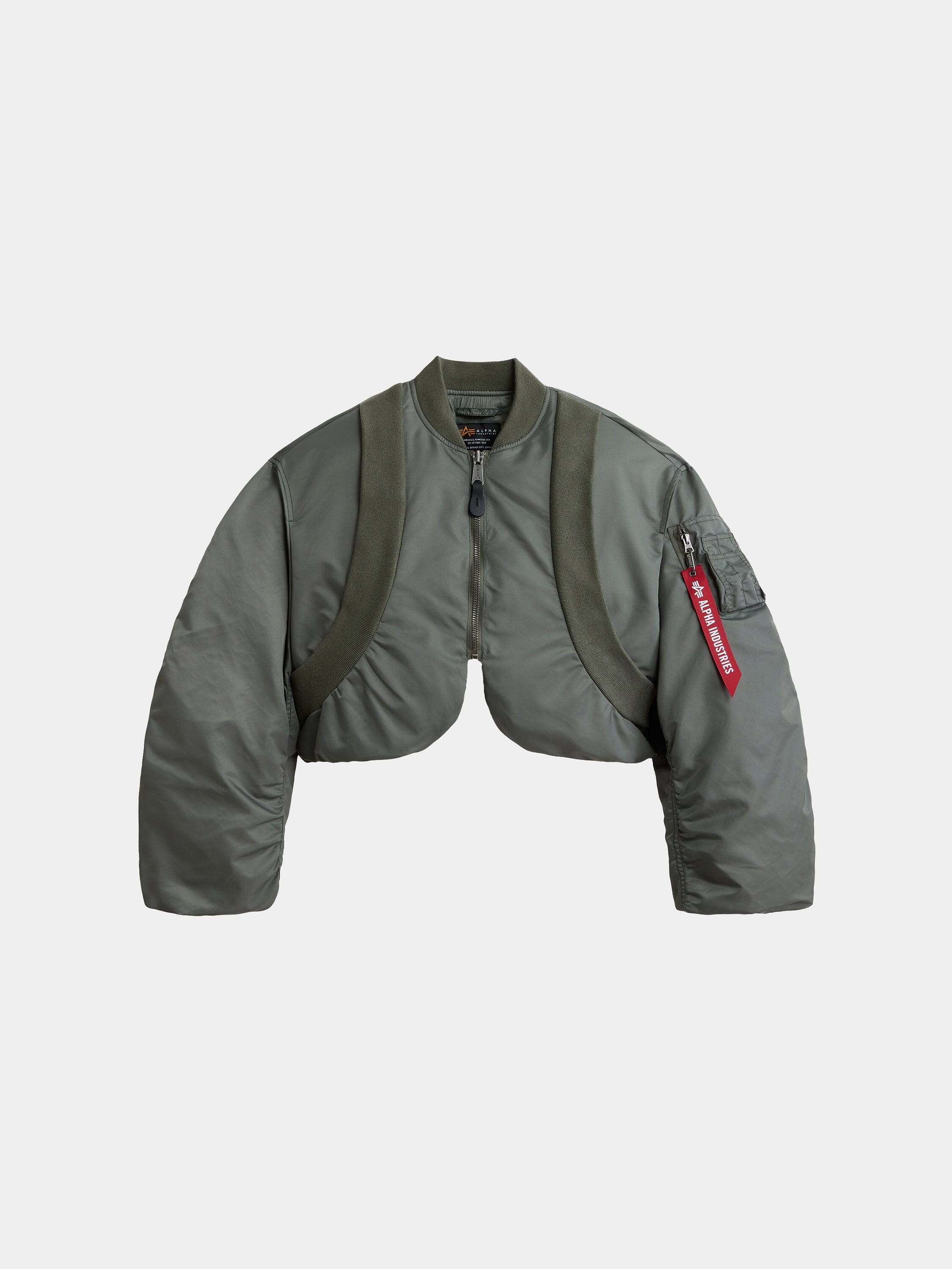 Alpha Industries Knit Rib MA-1 Flight Jacket in Field Gray with cropped fit, ribbed collar, zip front, sleeve pocket, nylon.