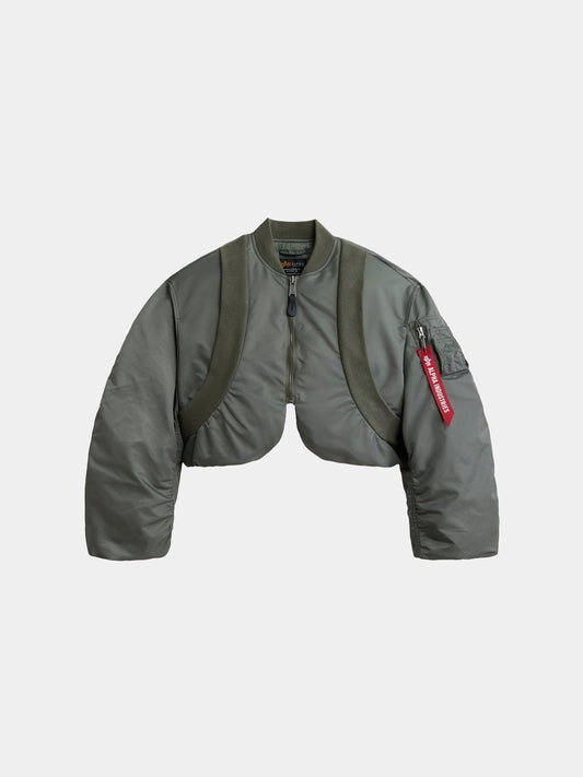 Alpha Industries Knit Rib MA-1 Flight Jacket in Field Gray with cropped fit, ribbed collar, zip front, sleeve pocket, nylon.