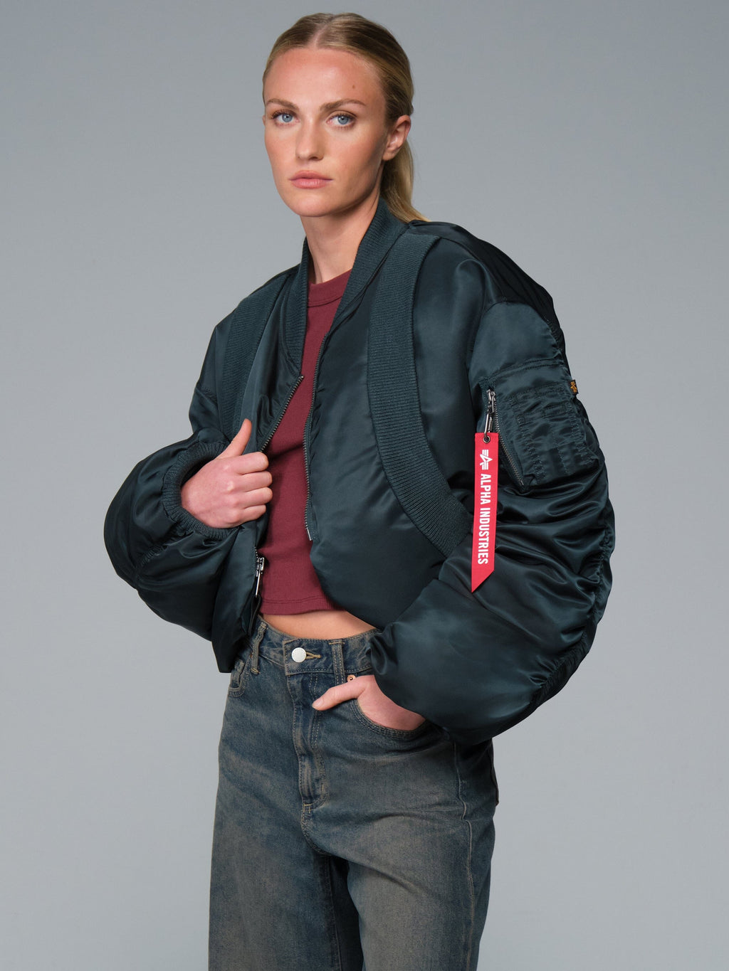 Knit Rib MA-1 Flight Jacket Womens in Midnight Teal, front view