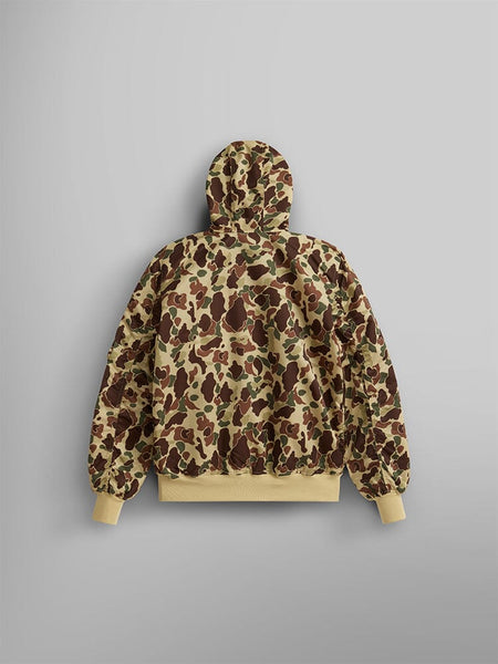 The L-2B Hooded Gen II Bomber Jacket by Alpha Industries, Inc. is a lightweight camouflage-patterned jacket, made from nylon for a sleek finish. This bomber features a water-resistant design with elastic cuffs and hem.