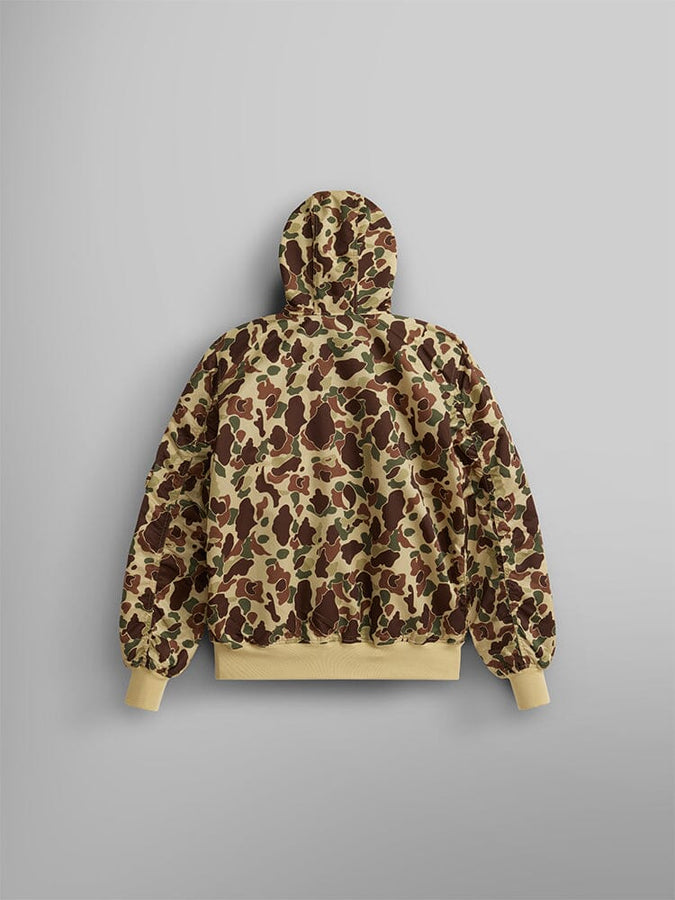 The L-2B Hooded Gen II Bomber Jacket by Alpha Industries, Inc. is a lightweight camouflage-patterned jacket, made from nylon for a sleek finish. This bomber features a water-resistant design with elastic cuffs and hem.