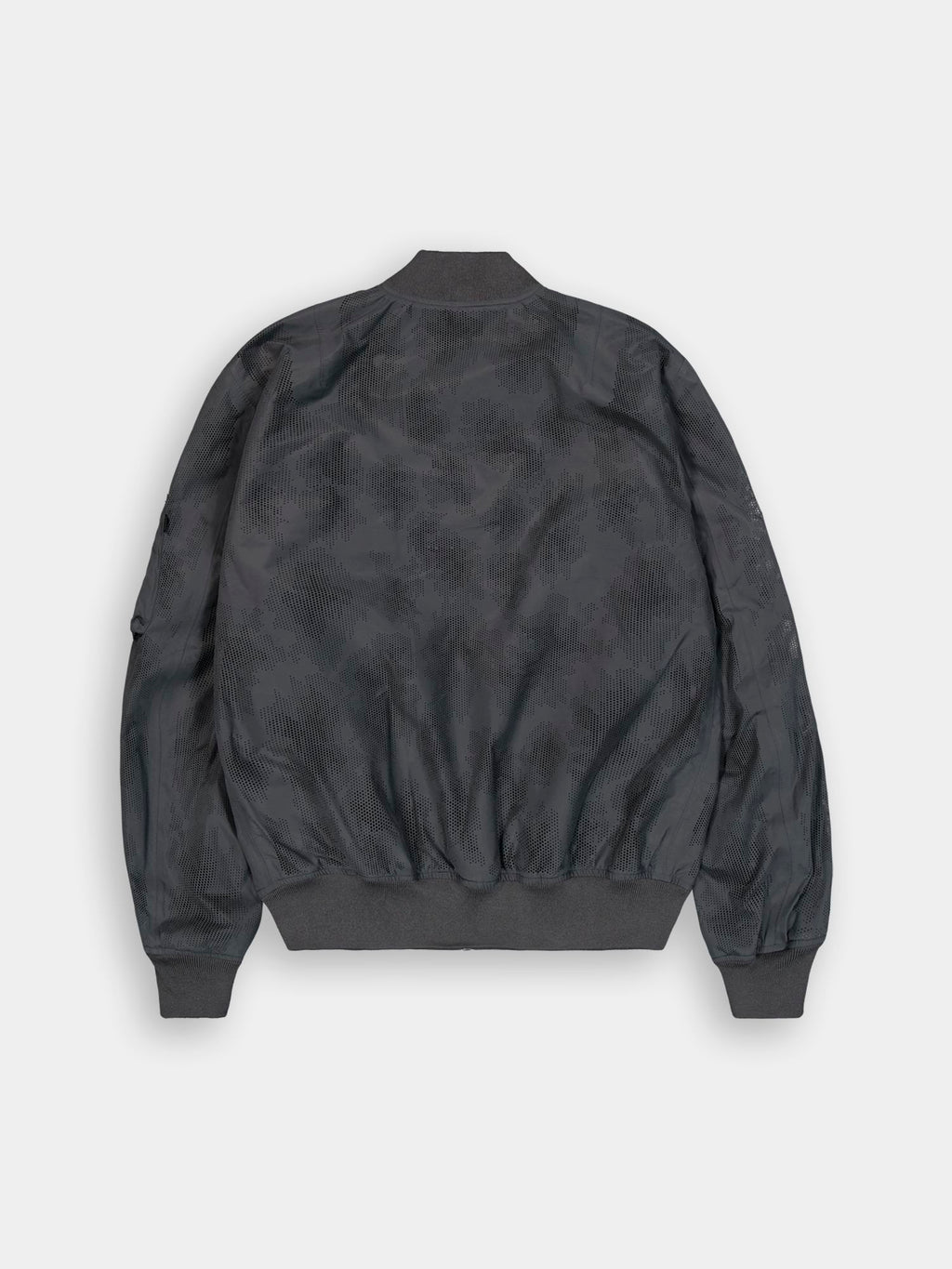 Alpha Industries L-2B Laser Cut Flight Jacket, dark gray, geometric pattern, ribbed cuffs, collar, and waistband.