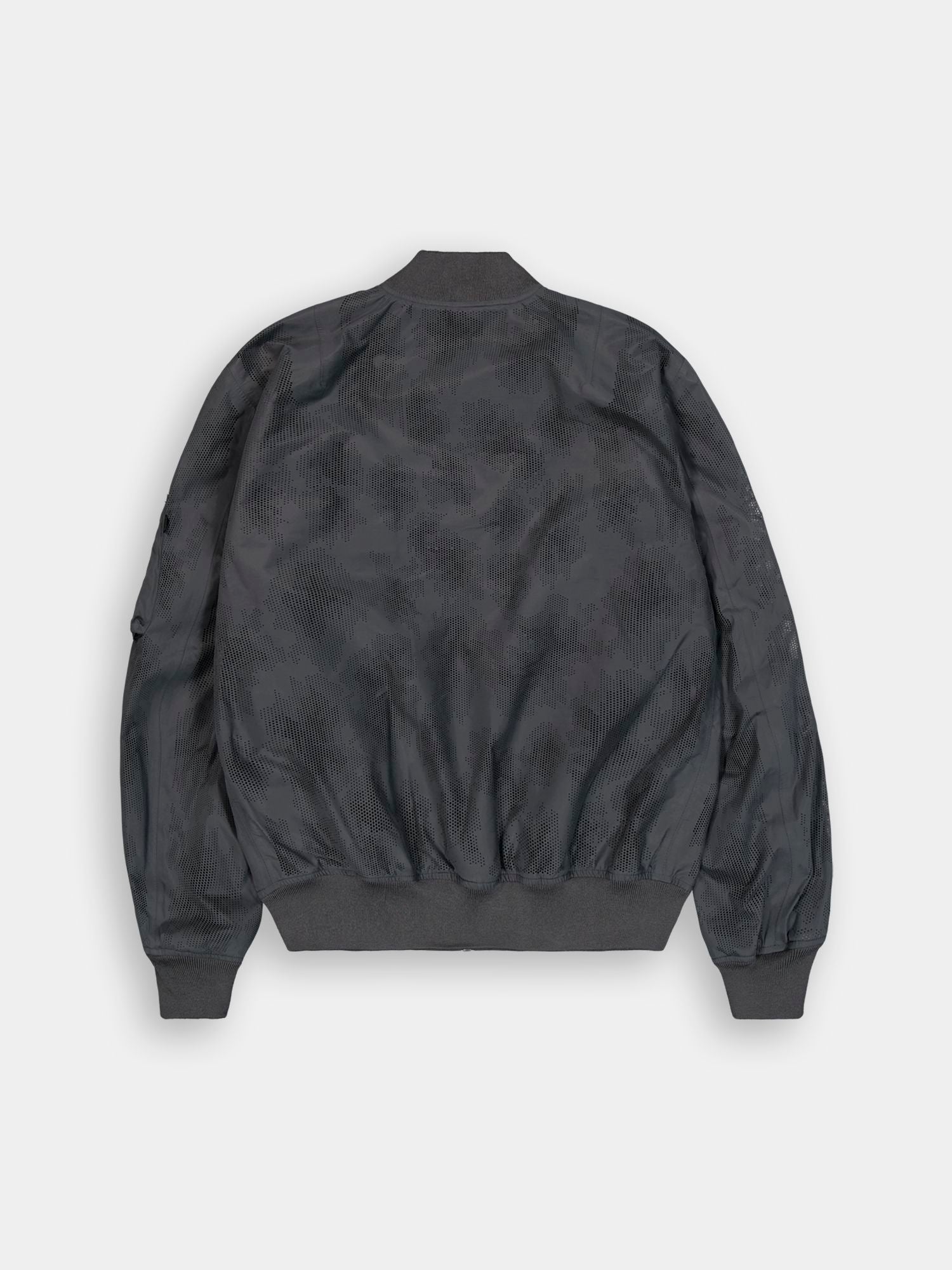 Alpha Industries L-2B Laser Cut Flight Jacket, dark gray, geometric pattern, ribbed cuffs, collar, and waistband.
