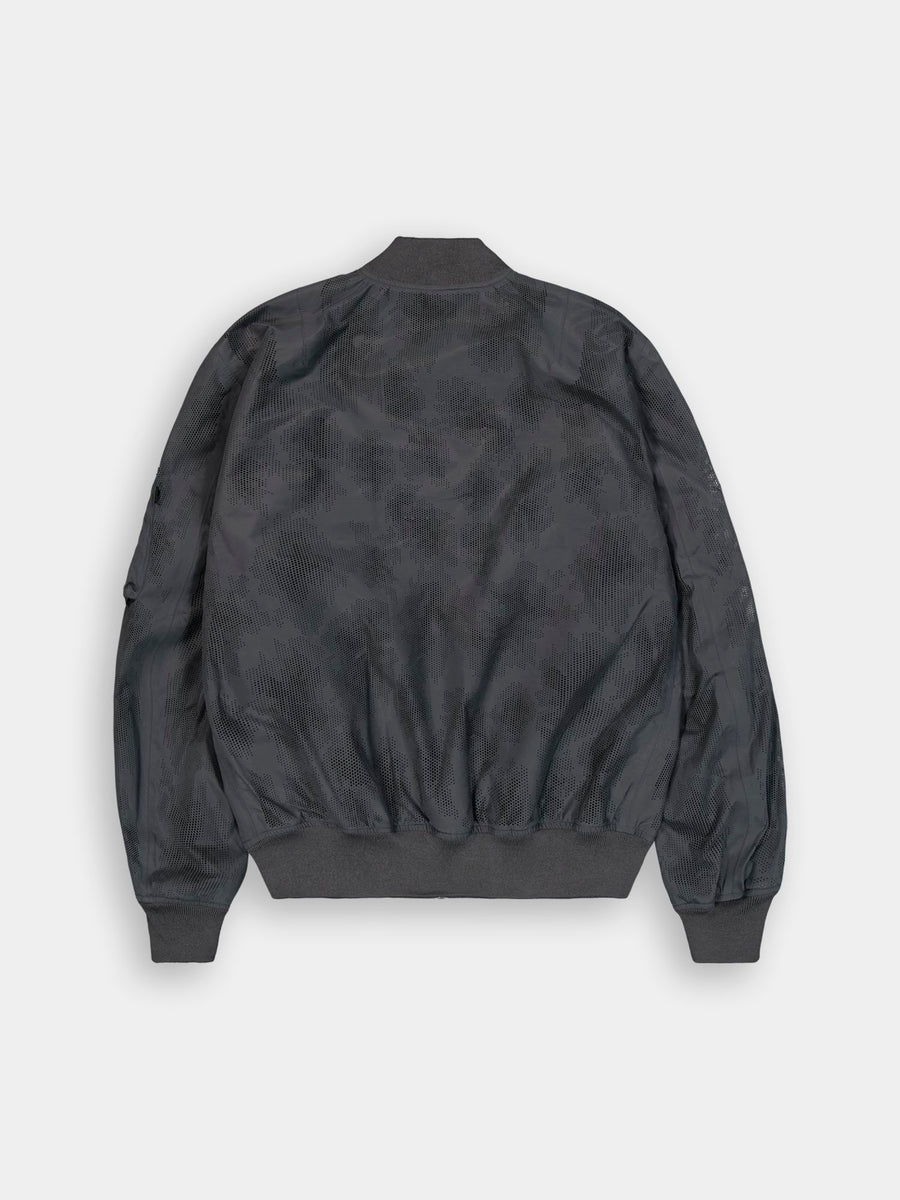 Alpha Industries L-2B Laser Cut Flight Jacket, dark gray, geometric pattern, ribbed cuffs, collar, and waistband.