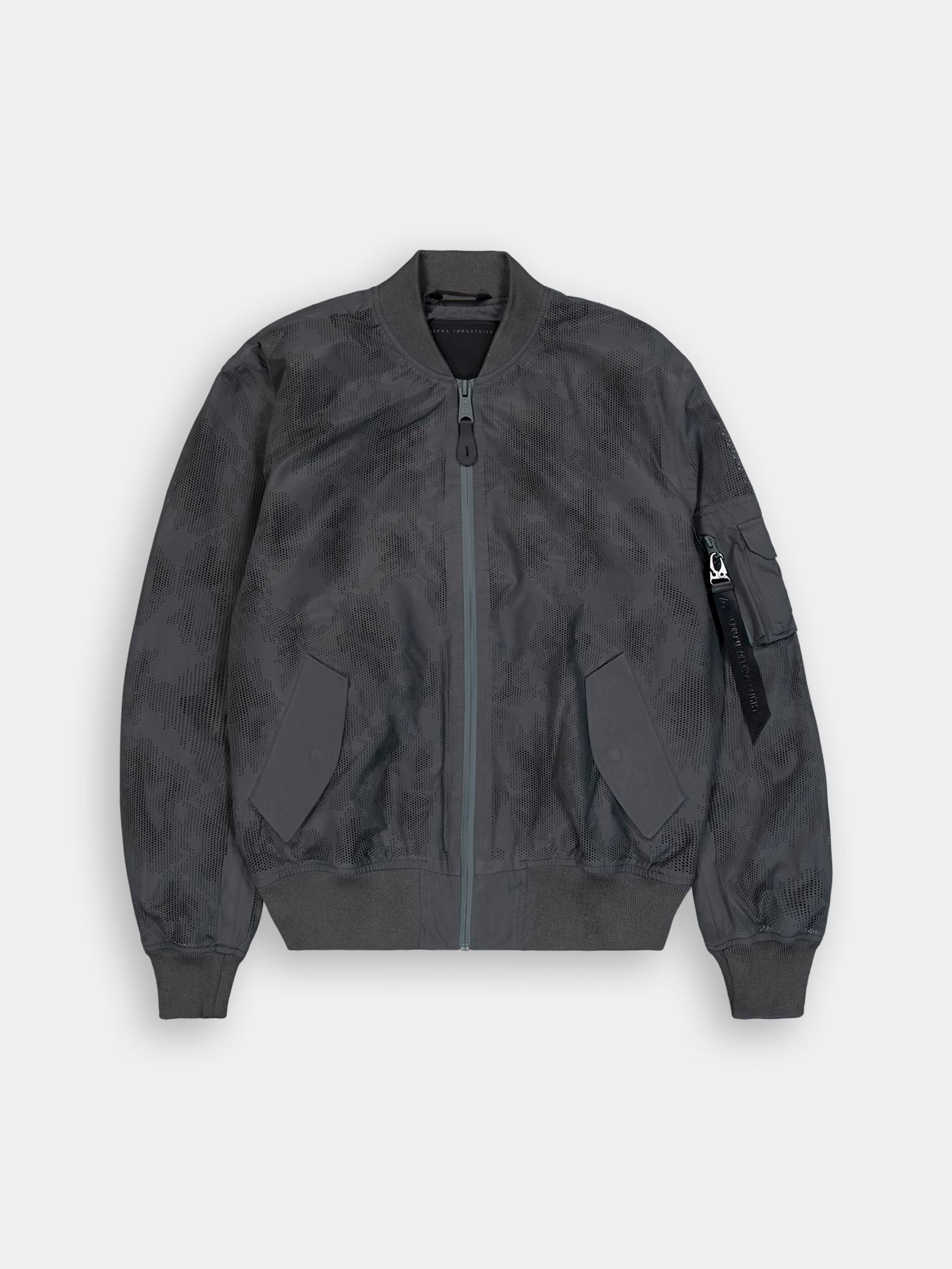 L-2B Laser Cut Flight Jacket by Alpha Industries in Charcoal, zip front, ribbed cuffs and hem, two front pockets, small black sleeve tag.