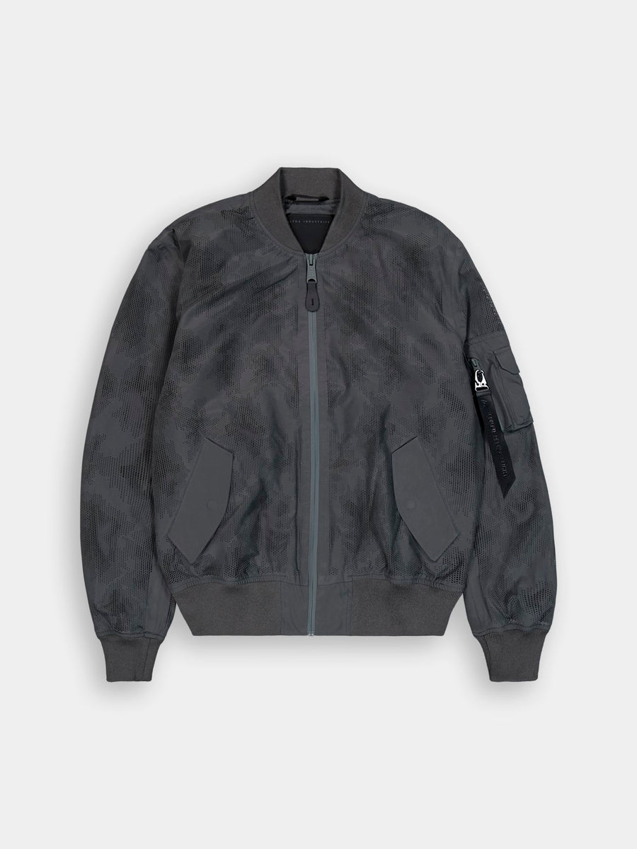 L-2B Laser Cut Flight Jacket by Alpha Industries in Charcoal, zip front, ribbed cuffs and hem, two front pockets, small black sleeve tag.