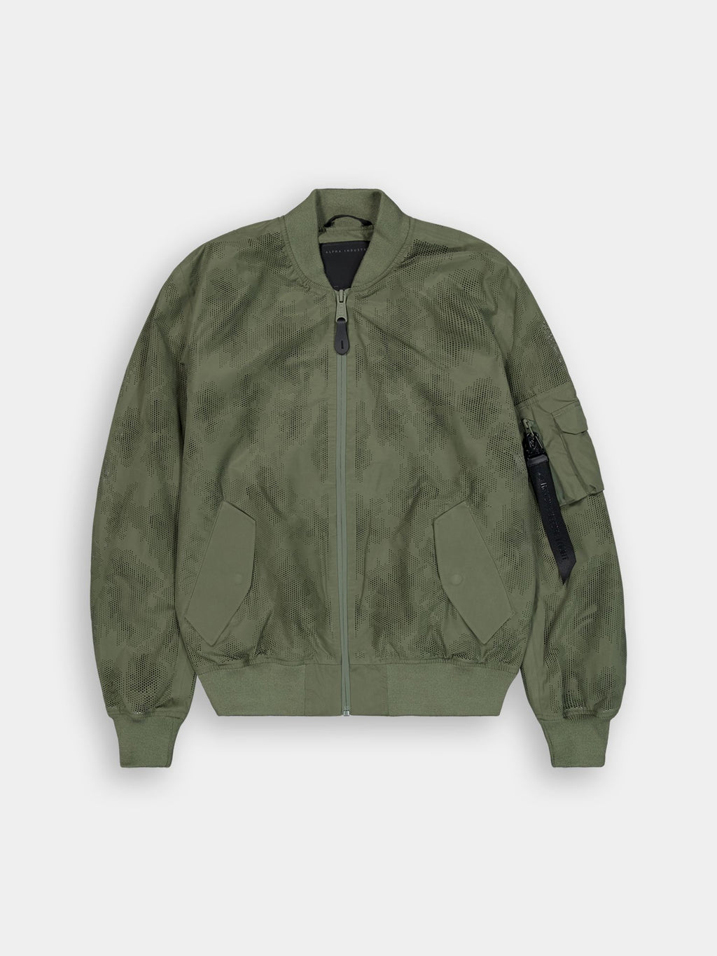 Alpha Industries L-2B Laser Cut Flight Jacket, Sage, front zipper, two angled front pockets, ribbed cuffs and hem, zippered sleeve pocket.
