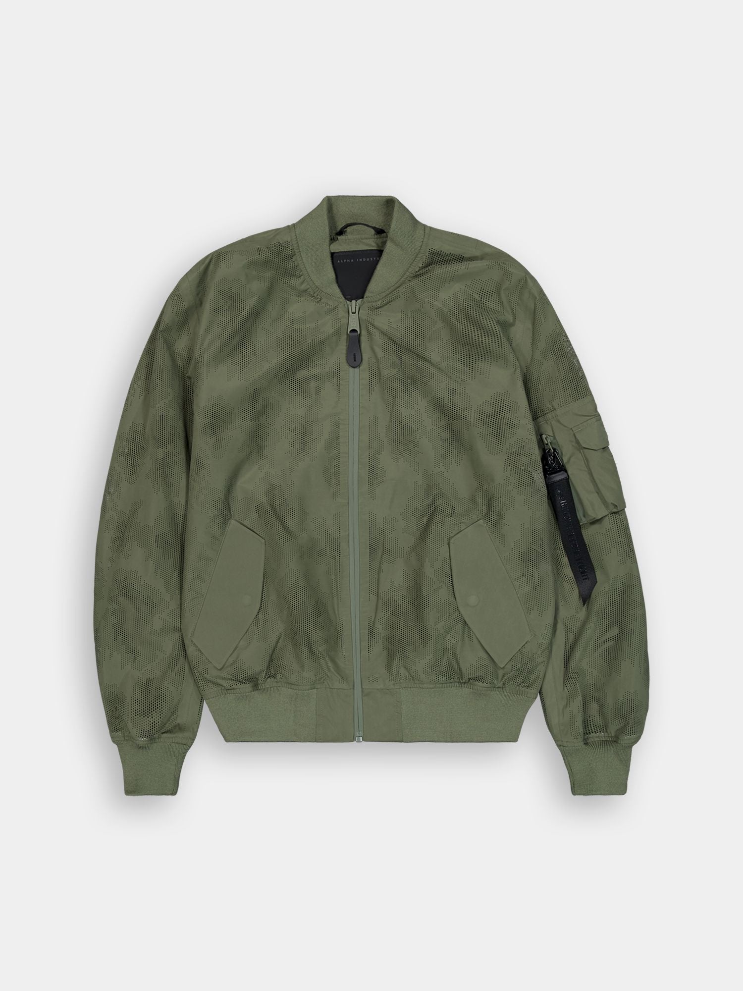 Alpha Industries L-2B Laser Cut Flight Jacket, Sage, front zipper, two angled front pockets, ribbed cuffs and hem, zippered sleeve pocket.