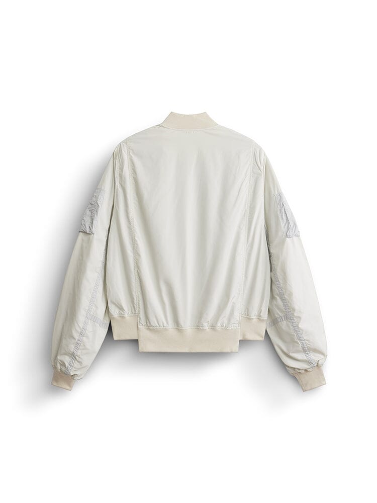 Alpha Industries L-2b Paratrooper Flight Jacket, light beige, ribbed collar, cuffs, waistband, sleeve seams, asymmetrical hem.