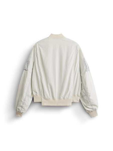 Alpha Industries L-2b Paratrooper Flight Jacket, light beige, ribbed collar, cuffs, waistband, sleeve seams, asymmetrical hem.