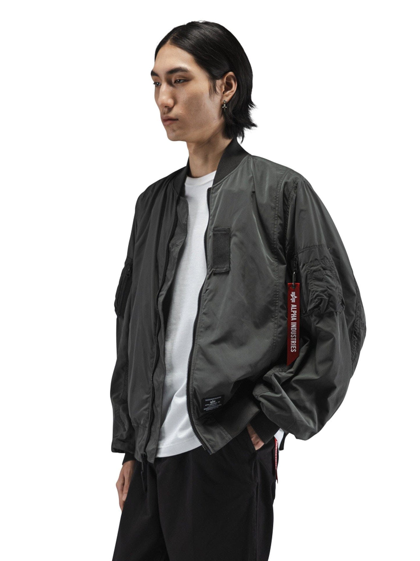 Alpha Industries L-2B Paratrooper Flight Jacket, olive green nylon, front zipper closure, ribbed cuffs and hem.