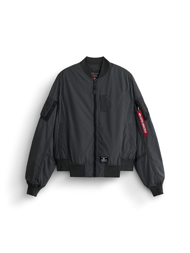 Alpha Industries L-2B Paratrooper Flight Jacket in charcoal with onion quilting, front zipper, ribbed cuffs and hem, red tag on left sleeve pocket.