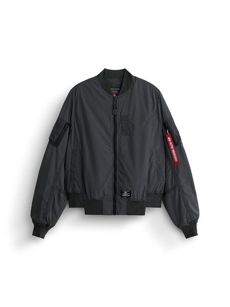 Alpha Industries L-2B Paratrooper Flight Jacket in charcoal with onion quilting, front zipper, ribbed cuffs and hem, red tag on left sleeve pocket.