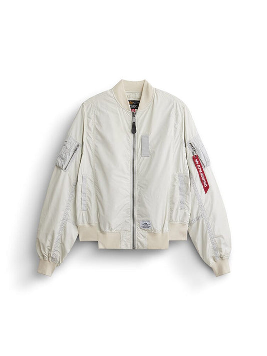 Alpha Industries L-2b Paratrooper Flight Jacket in Dune White, onion quilting, front zipper, ribbed cuffs and hem, two front pockets, zippered sleeve pocket with red tag.