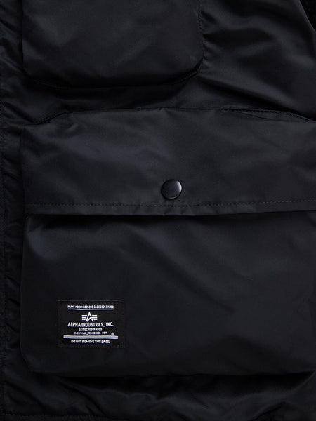 L-2B Short Sleeve Bomber Jacket by Alpha Industries, black water-resistant nylon, utility pocket with snap button, brand label.