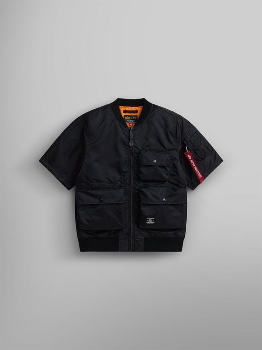 Alpha Industries L-2B Short Sleeve Bomber Jacket, Black, water-resistant nylon, front zipper, utility pocket details, red tag on left sleeve.
