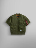 Alpha Industries L-2B Short Sleeve Bomber Jacket, OG-107 Green, nylon, multiple front pockets, zip closure, orange lining, red Remove Before Flight tag on left sleeve.