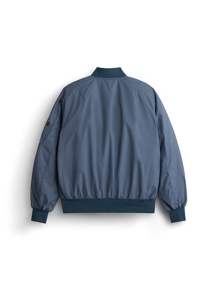 Alpha Industries L-2B Skymaster Gen II Bomber Jacket, blue, ribbed cuffs, waistband, collar, long sleeves, matte finish, oxygen tab details.