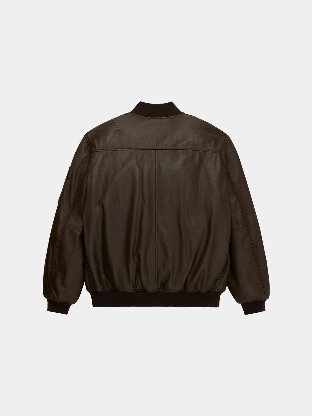 Alpha Industries Leather MA-1 Flight Jacket in dark brown Napa leather with black ribbed cuffs, hem, and collar.