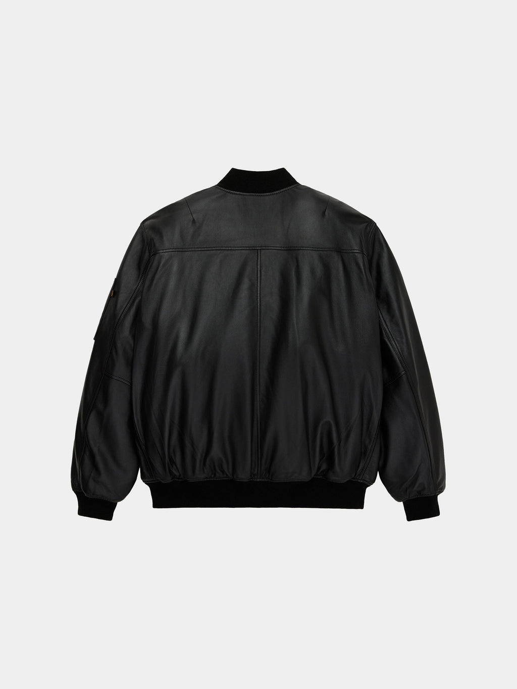 Alpha Industries Leather MA-1 Flight Jacket in black with ribbed cuffs, collar, and hem.