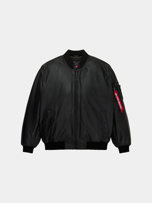 Alpha Industries Leather MA-1 Flight Jacket in black with front zipper, two side pockets, ribbed cuffs and hem, red tag on sleeve.