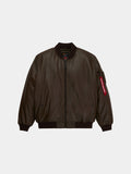 Leather MA-1 Flight Jacket by Alpha Industries in espresso with front zipper, ribbed collar, cuffs and hem, and zippered sleeve pocket.