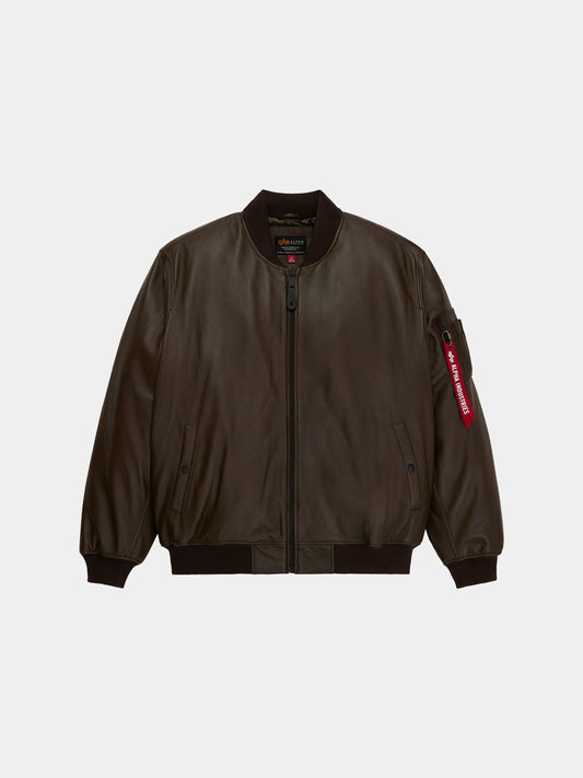 Leather MA-1 Flight Jacket by Alpha Industries in espresso with front zipper, ribbed collar, cuffs and hem, and zippered sleeve pocket.