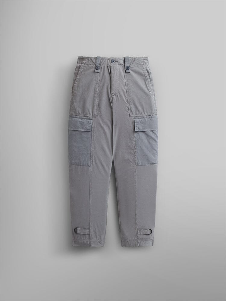 Alpha Industries Lightweight Trouser W in Aircraft Gray, patch thigh pockets, buttoned waistband, adjustable ankle straps.