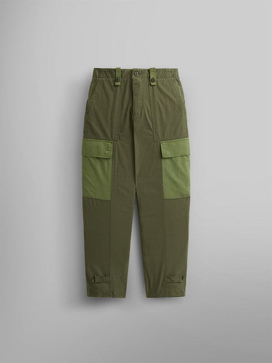 Alpha Industries Lightweight Trouser W in OG-107 Green, cotton cargo pant with lighter green patch pockets, belt loops, adjustable cuff straps.