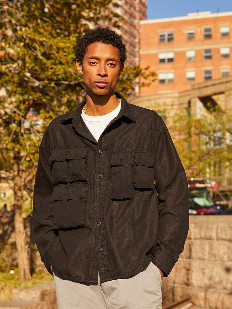 Alpha Industries Long Sleeve Multi Pocket Shirt, black, button closure, multiple pockets.