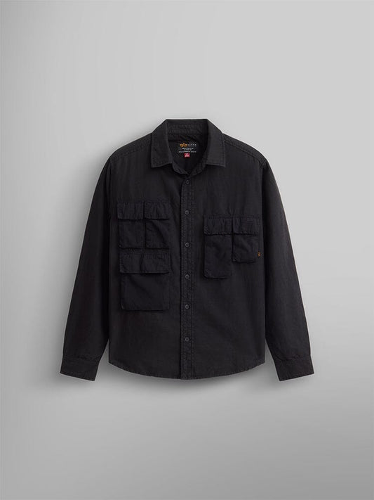 Alpha Industries Long Sleeve Multi Pocket Shirt, black, collared design, four front pockets.