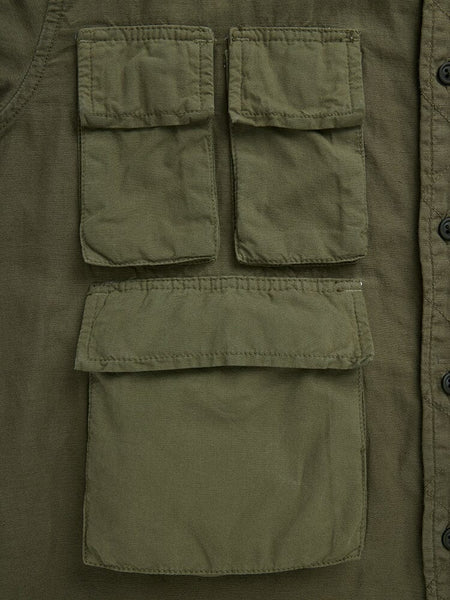 Long Sleeve Multi Pocket Shirt by Alpha Industries, og-107 green, collared design with two small square chest pockets and a larger rectangular pocket below, all with flap closures.