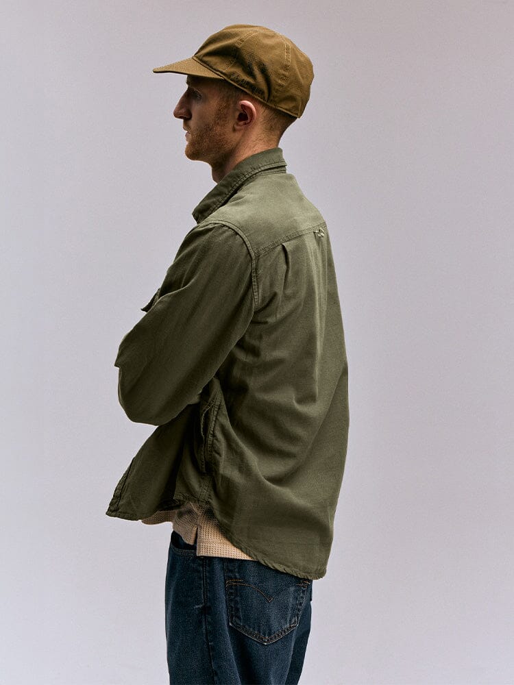 Alpha Industries Long Sleeve Multi Pocket Shirt MA-1 OG-107 Green, cotton, multiple front pockets, button closures.