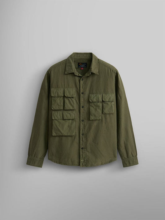Alpha Industries Long Sleeve Multi Pocket Shirt in OG-107 Green, collared design, button-up front, multiple flap chest pockets.